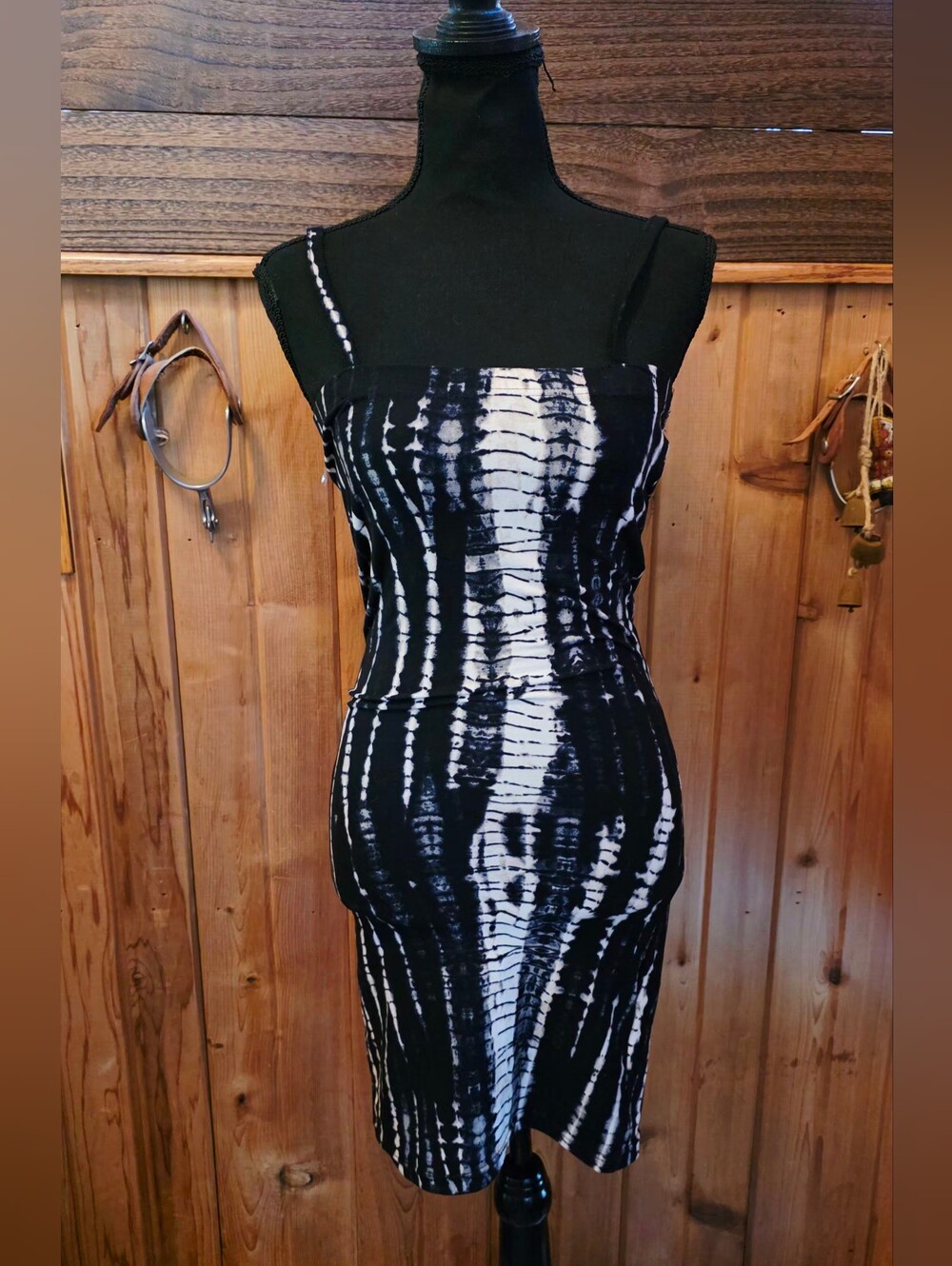 Black & White Tie-Dye Spaghetti-Strap Bodycon Mini Dress